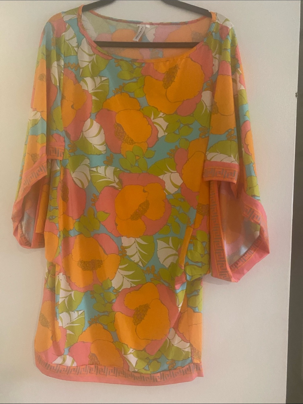 Trina Turk Floral Tunic Top in Orange, Pink & Aqua like new M